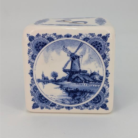 Delft Blue Holland Windmills Cube Bank Ceramic Transferware Coin Storage VTG - Picture 5 of 10